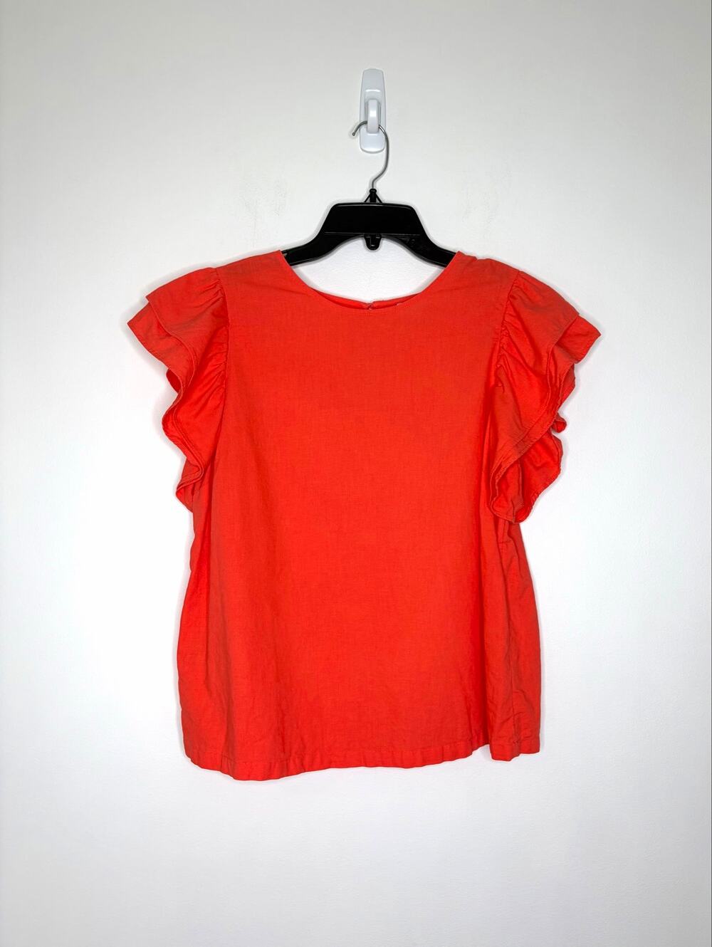 A New Day Linen Blend Ruffle Flutter Sleeve Blouse Sz L Coral Resort Beach Fall
